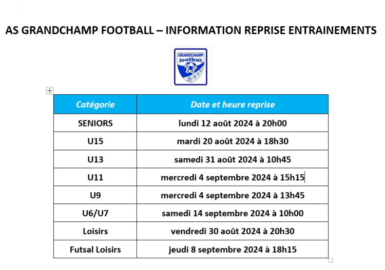 INFOS REPRISE ENTRAINEMENTS 