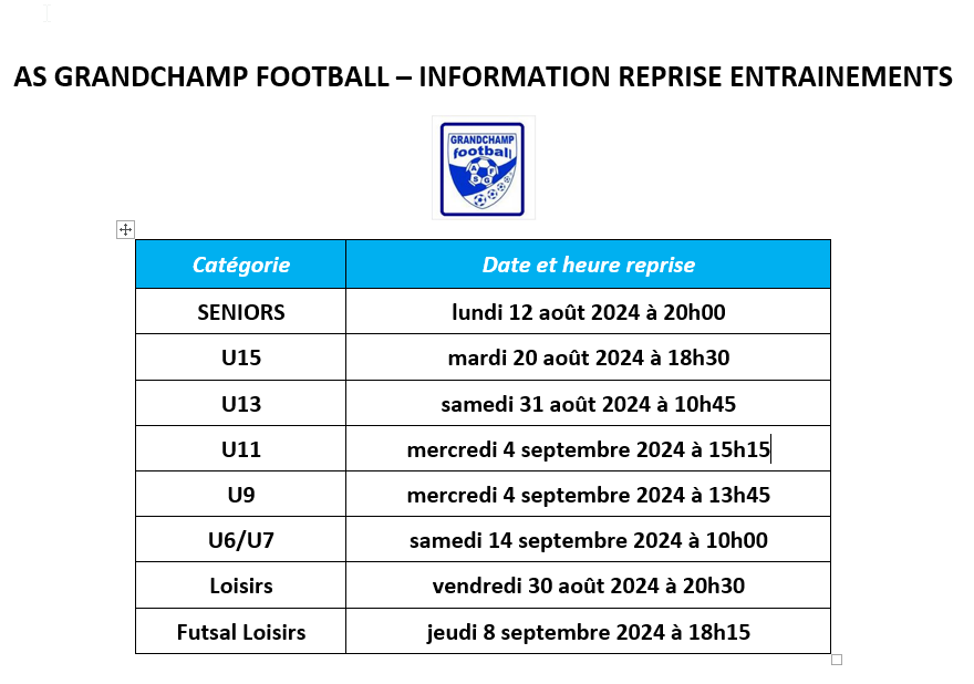 INFOS REPRISE ENTRAINEMENTS 